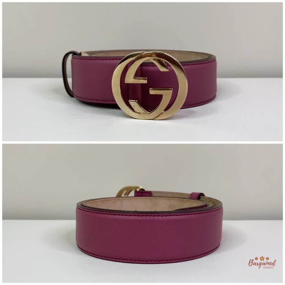 Authentic Gucci Pink Calfskin Leather Gold Interlocking G Buckle Belt 85/34 - Picture 3 of 12
